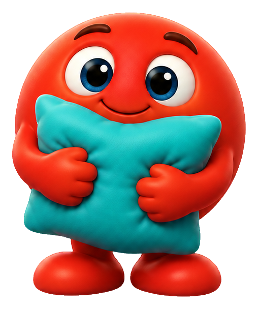 Smiling red 3D cartoon monster hugging a teal pillow