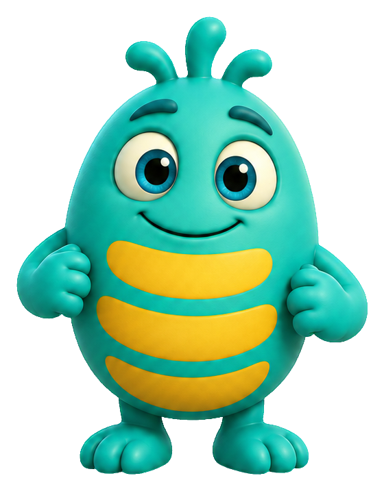 Cute teal 3D monster with yellow stripes, big eyes, and a smiling face