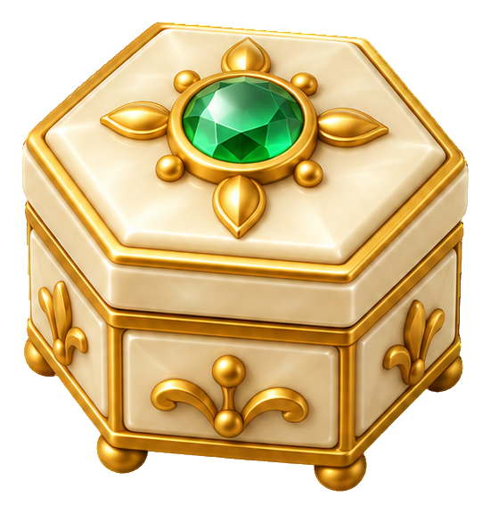 3D cartoon treasure box with gold trim and a green gem on top