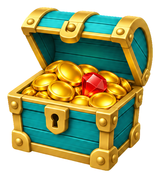 Open teal treasure chest filled with gold coins and colorful gems in a 3D cartoon style.