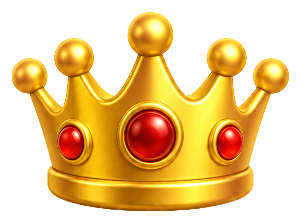 Gold crown with red jewels and rounded points in a 3D cartoon style