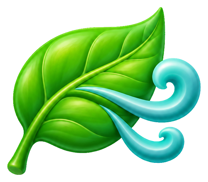 Green 3D leaf with two blue breeze swirls curling beside it