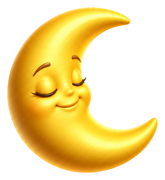 A smiling golden crescent moon with closed eyes in a 3D cartoon style.