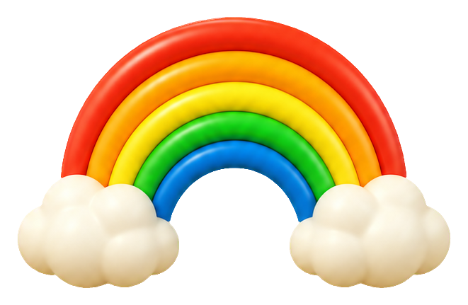 3D rainbow arch with fluffy white clouds at both ends