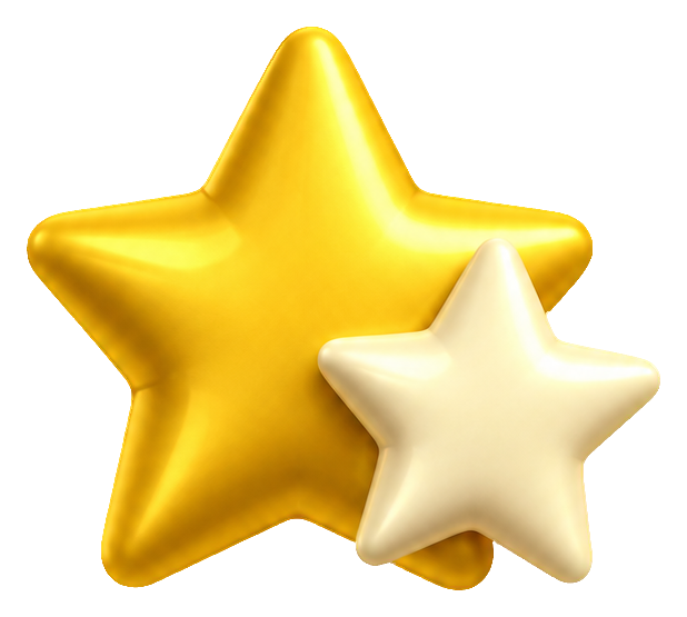 Two glossy 3D stars, one gold and one cream, overlapping as a cute sticker pair.