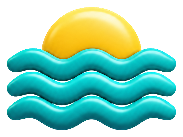 3D cartoon sun disc with three turquoise wave layers underneath