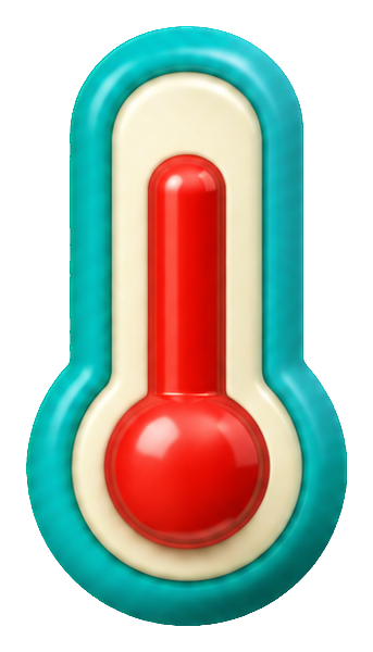 A glossy 3D thermometer sticker with a red bulb and teal outline.