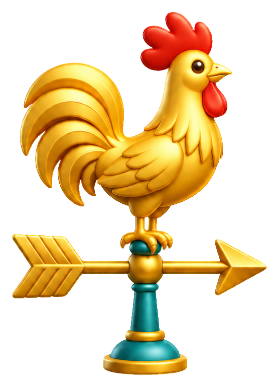 Golden cartoon rooster weather vane with an arrow and blue base