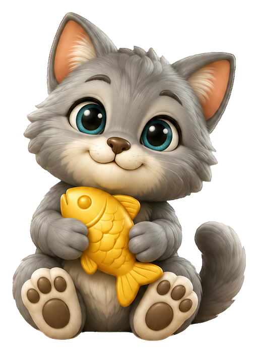 Cute 3D gray kitten holding a yellow fish toy and sitting with paws forward.
