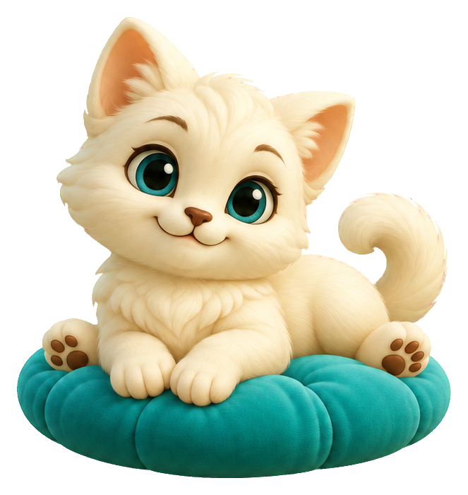 Cute 3D cartoon kitten sitting on an ivory cushion.