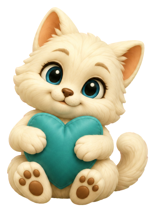 A fluffy 3D cartoon kitten holding an ivory heart with both paws.