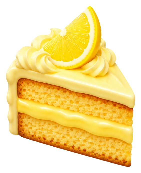 3D cartoon slice of lemon cake with frosting and a lemon wedge on top