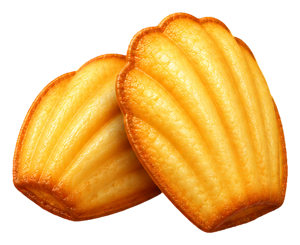 Two golden brown madeleine cookies in a cute 3D cartoon sticker style