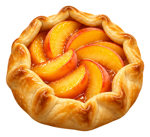 A golden 3D peach galette with sliced peaches arranged in a round pastry crust.