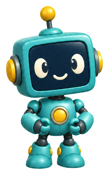 Cute 3D turquoise cube robot with a smiling face and yellow accents.