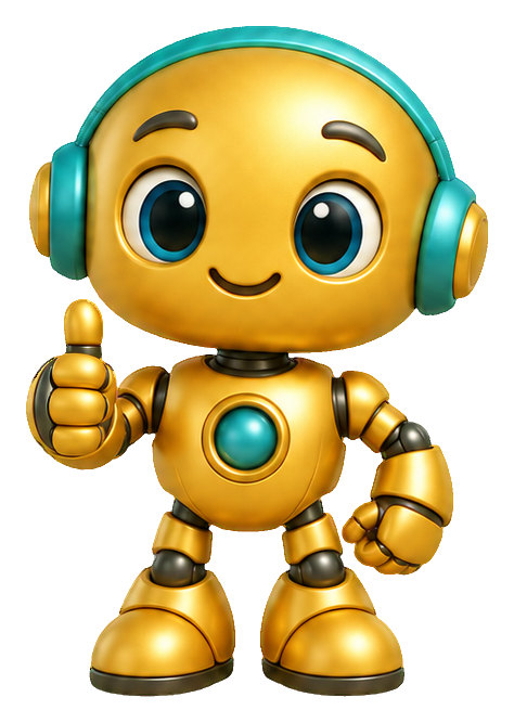Cute golden 3D cartoon robot wearing headphones and giving a thumbs up.