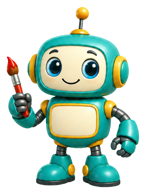 Cute teal 3D cartoon robot holding a paintbrush and smiling.