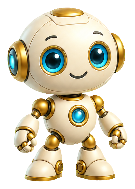 Cute 3D round robot with blue eyes and gold accents standing front view.