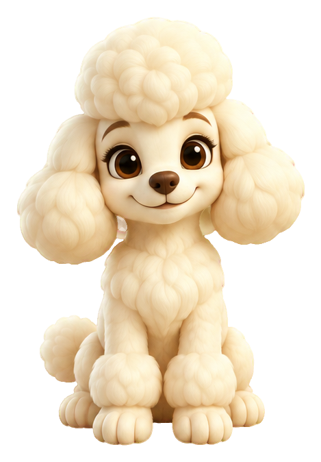 Cute 3D cartoon poodle puppy sitting with fluffy cream-colored fur.