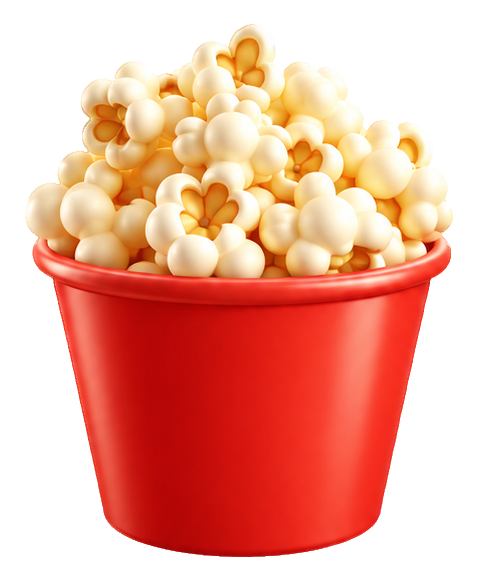 Red popcorn tub filled with fluffy popcorn in a 3D cartoon sticker style.