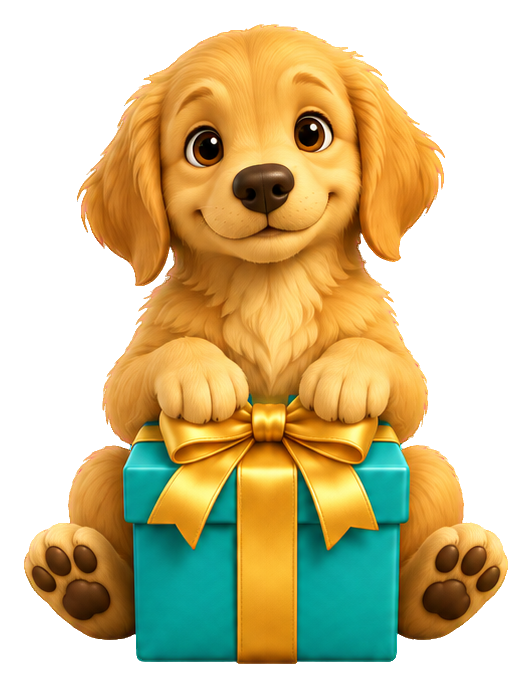 3D cartoon golden retriever puppy sitting behind a teal gift box with a gold ribbon.