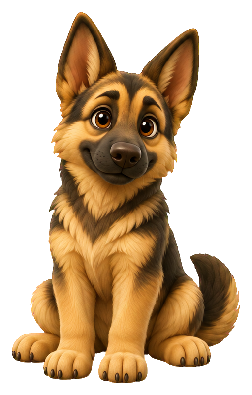 Cute 3D cartoon shepherd puppy sitting and facing forward.