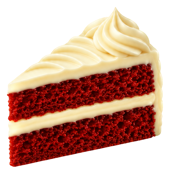 A 3D red velvet cake slice with cream frosting layers and white icing on top