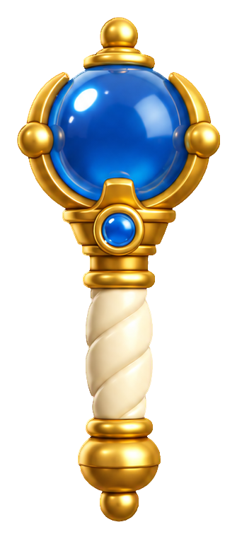 A blue gem scepter with gold details and a twisted white handle