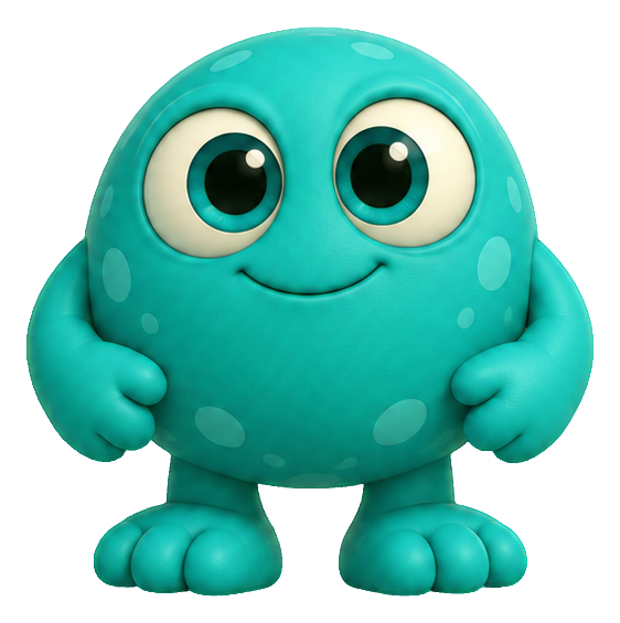 Round teal cartoon monster with big eyes and a small smile.