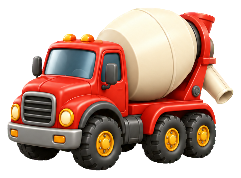 Cute red 3D cement mixer truck sticker with a beige drum