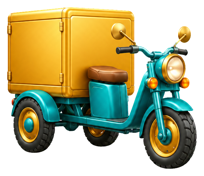 3D cartoon delivery tricycle with a yellow cargo box and turquoise front wheel frame