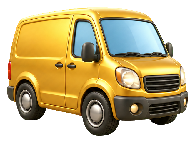 Cute yellow 3D delivery van with cartoon style and black wheels