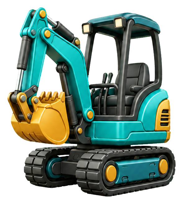 Cute 3D cartoon excavator with teal body and yellow bucket on tracks