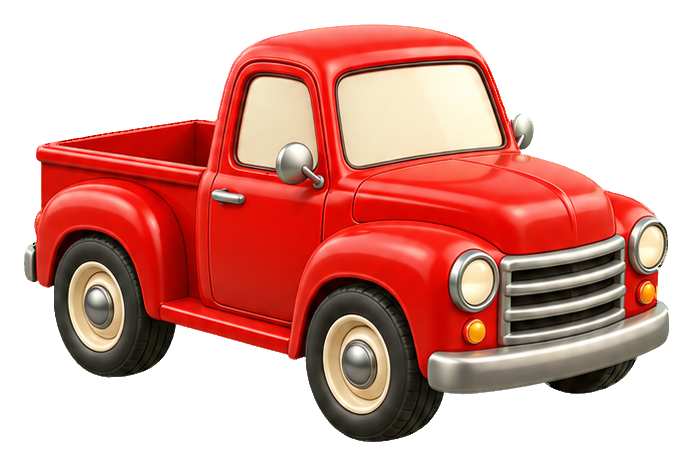 Cute red 3D cartoon pickup truck sticker with chrome details and black tires