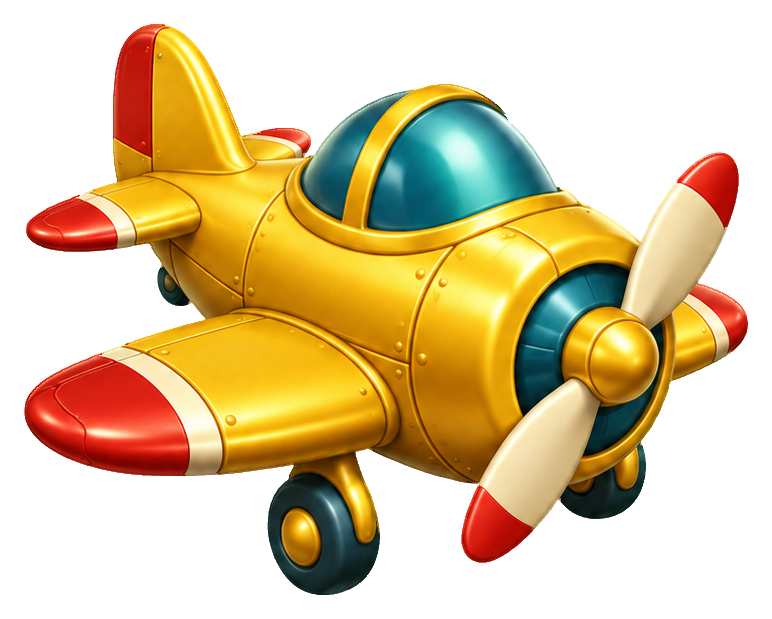 Cute yellow 3D cartoon propeller plane sticker with red and white accents