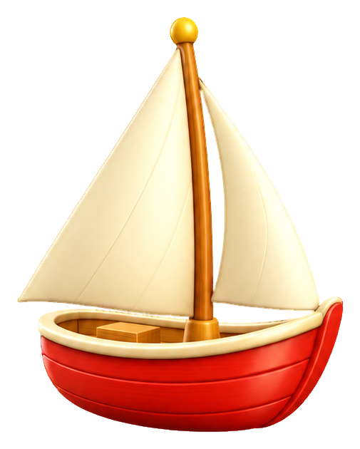 Cute 3D red sailboat with cream sails on a transparent background