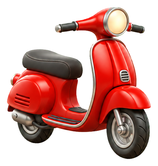 Red 3D cartoon scooter sticker with black seat and silver wheels