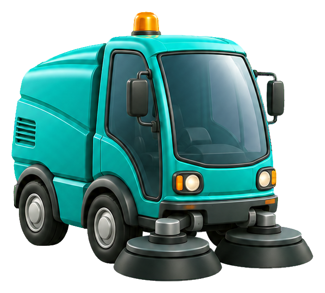 Cute teal 3D cartoon street sweeper vehicle sticker with front brushes