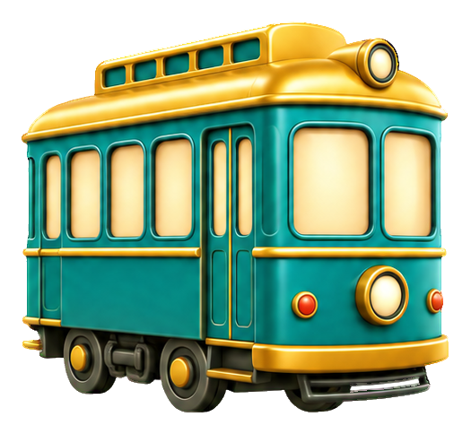 Cute 3D cartoon tram car sticker in teal and yellow with rounded windows.