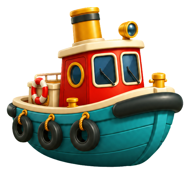 Cute 3D cartoon tugboat with a red cabin and teal hull