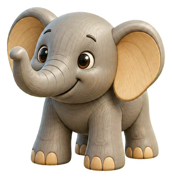Cute 3D cartoon toy elephant with large ears and rounded feet.