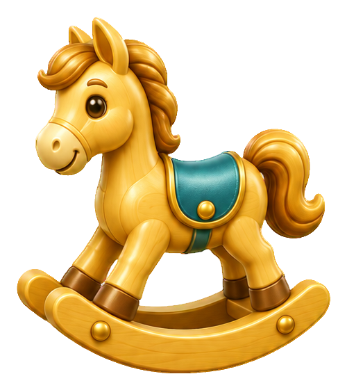 Cute 3D cartoon rocking horse with a blue saddle on a wooden base