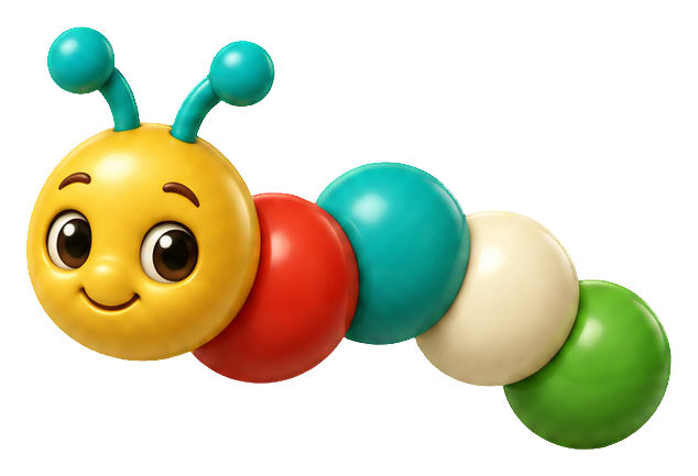 Cute 3D cartoon toy caterpillar with colorful round body segments and a smiling face