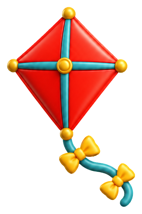 Red 3D toy kite with blue crossbars and a yellow tail bow sticker