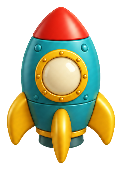 Cute 3D cartoon toy rocket with blue body, red nose, and yellow fins