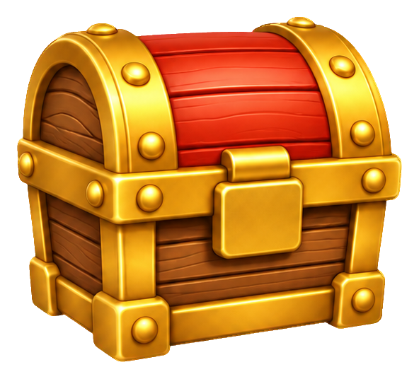 A cute 3D wooden treasure chest with gold trim and a red lid