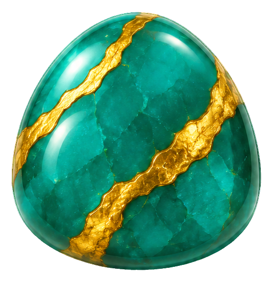 Shiny 3D turquoise gemstone with gold streaks in a rounded cartoon style
