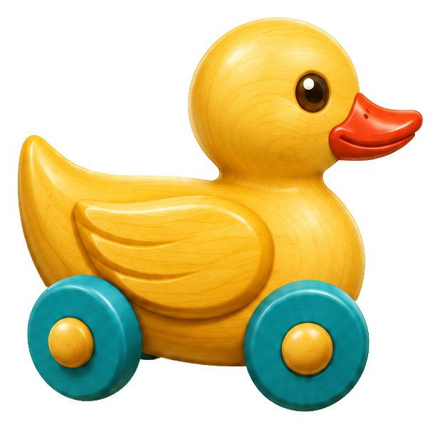 Cute 3D wooden duck toy with blue wheels and orange beak