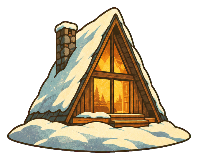 A-frame cabin with snow on the roof and chimney beside a lit front door.