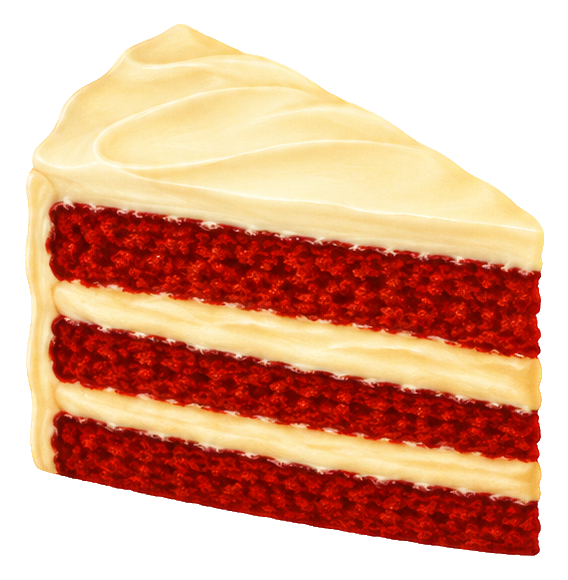 Airbrush illustration of a slice of layered cake with cream frosting and red filling.